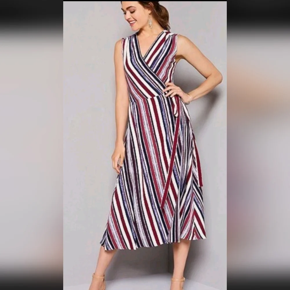 ALEX MARIE Cassie Striped V-Neck Crepe True Wrap Midi Dress Purple 6 - Picture 4 of 5